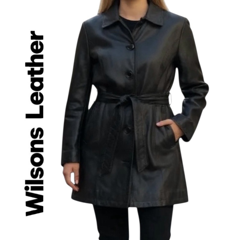 Wilsons Genuine Leather Coat Womens L Button Up Belted Trench Long Jacket